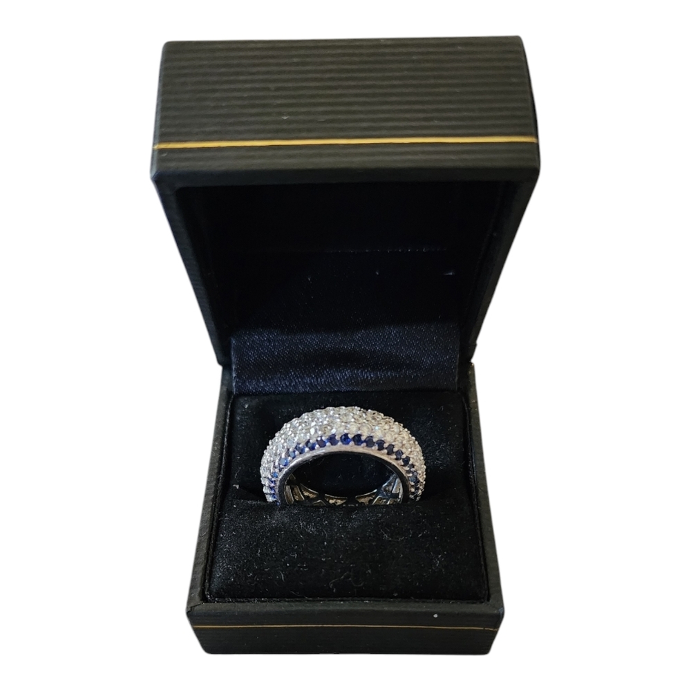 Eternity Pave Set 5 Rows Simulated Diamond And Sapphire Ring 925 Silver Size 9